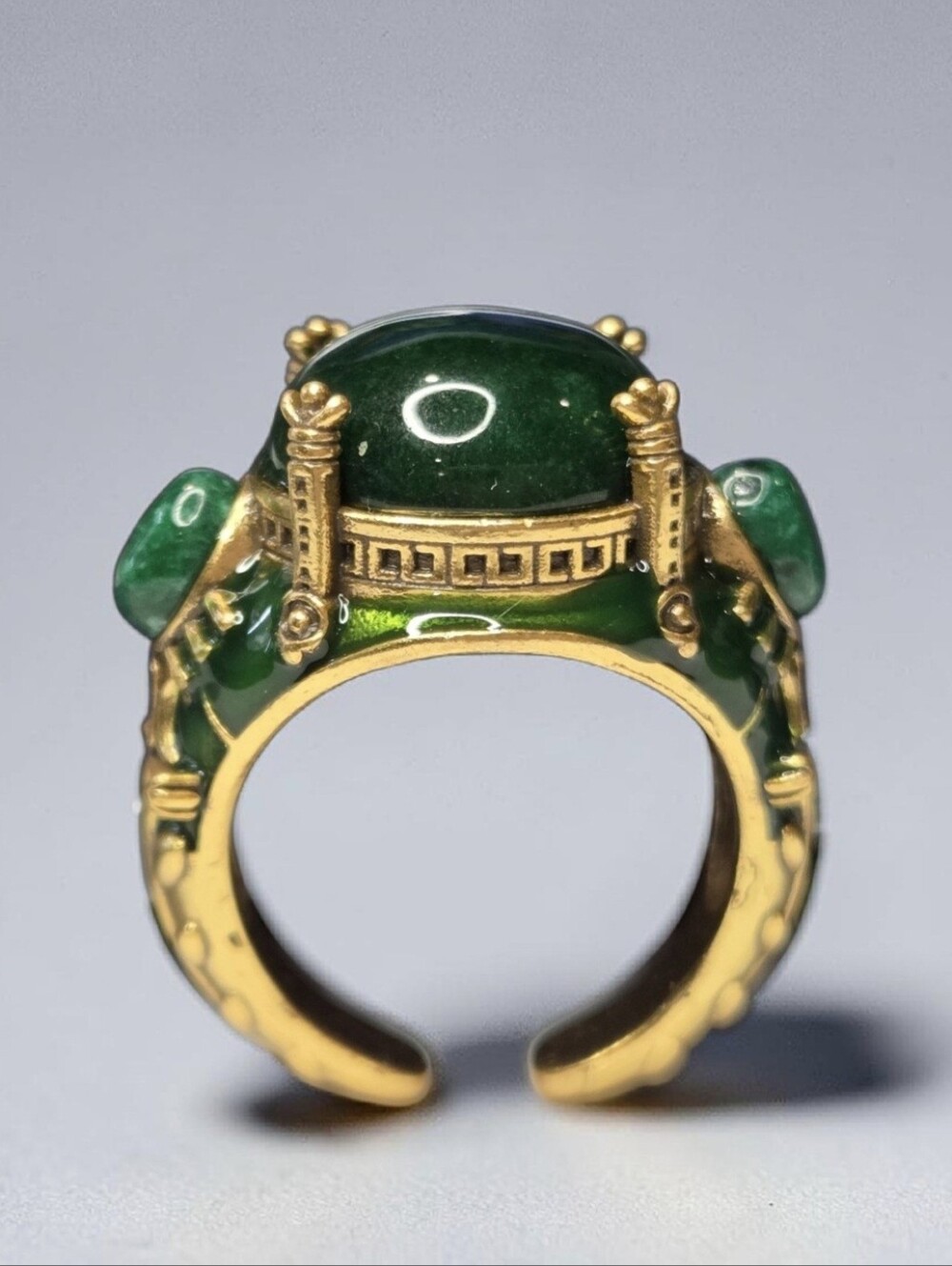 Unique 18k Gold Plated Ornate Egyptian Revival Emerald Enamel & Cabochon Ring